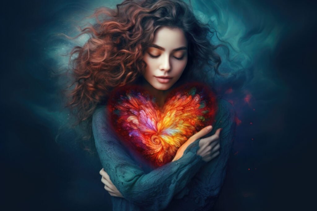 Woman hugging herself. Love yourself concept. Generative AI | Chill & Thrive | Chill & Thrive Love yourself concept. A woman cuddling a colourful hart