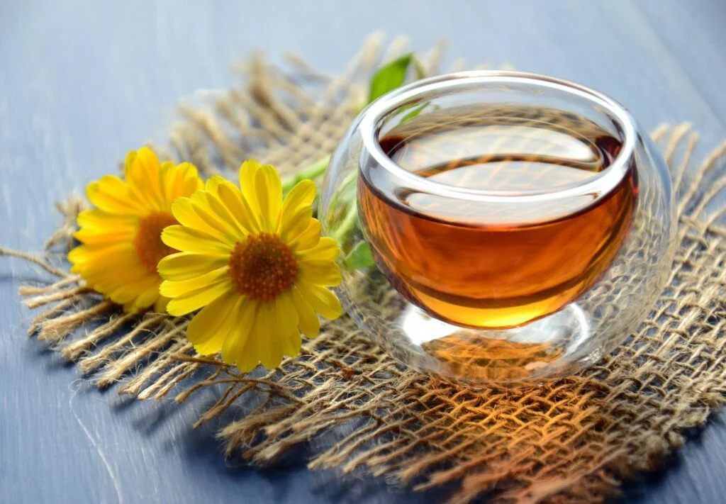 | Chill & Thrive chamomile tea beside Yellow Flower