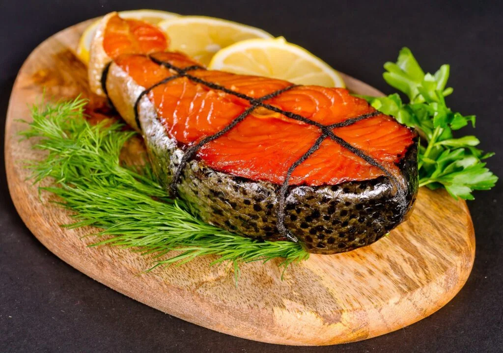 | Chill & Thrive Cooked Salmon on a Wooden Board