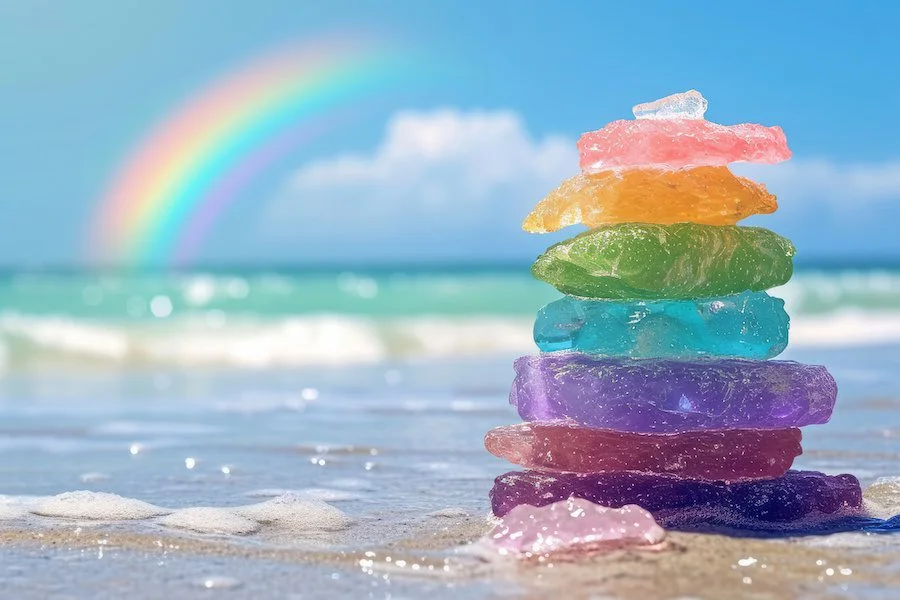 Rainbow color rock gems over blue ocean with rainbow and clouds in sky Symbol of joy balance mindfulness peace and happiness | Chill & Thrive | Chill & Thrive resilience is like a rainbow
